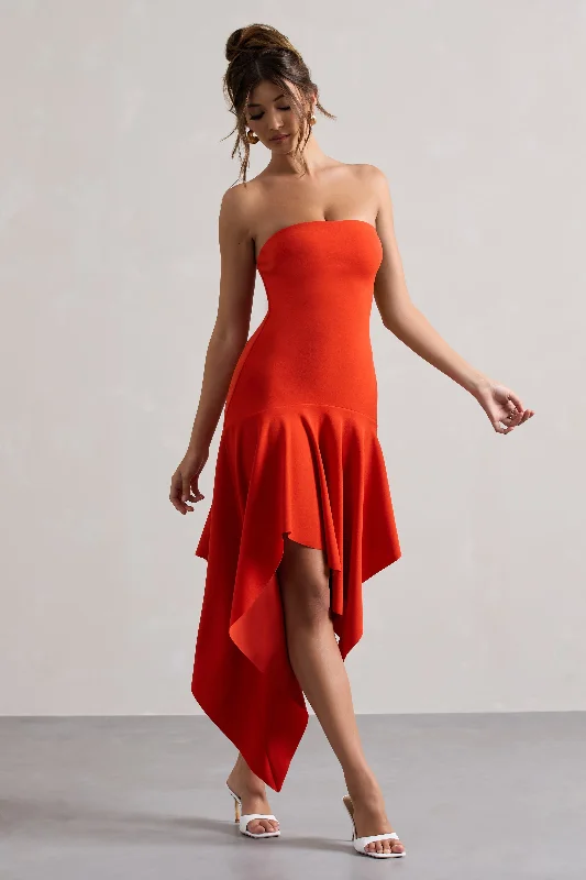 Mermaid - Style Women Dress with a Fitted Silhouette for Special OccasionsCatalina | Orange Bandeau Maxi Dress With Draped Hem