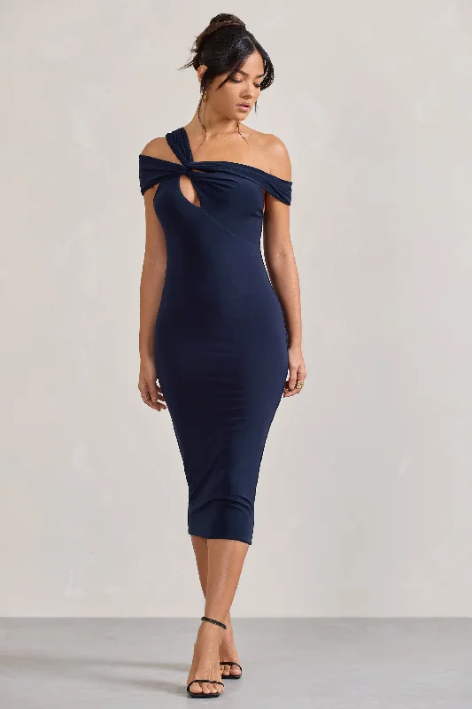 Little Black Women Dress with Sequins for a Glamorous Night OutChain Reaction | Navy Strappy Asymmetric Bodycon Midi Dress