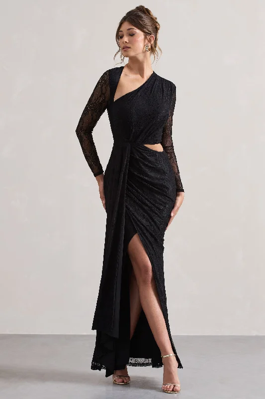 Off - the - Shoulder Women Dress for a Romantic and Feminine LookChantilly | Black Lace Asymmetric Cut-Out Draped Maxi Dress