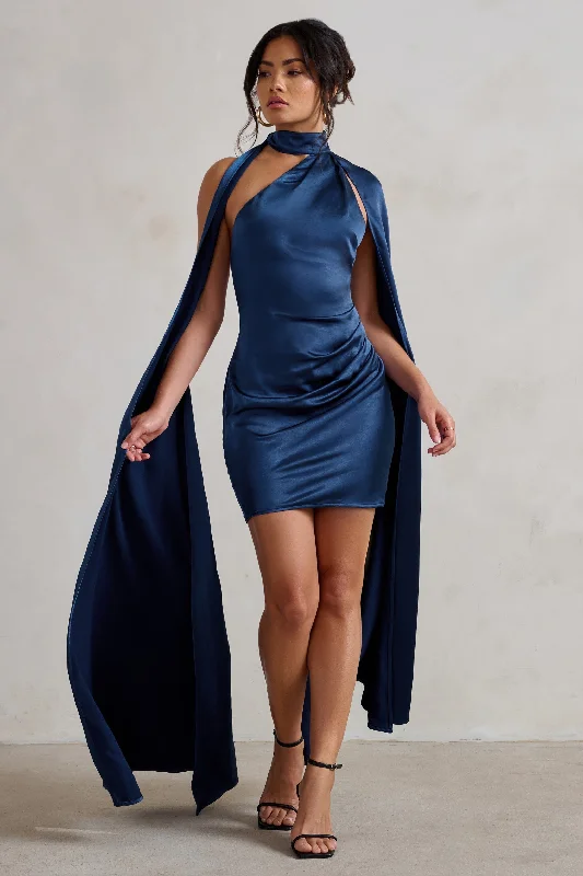 Wrap - Style Women Dress with Adjustable Fit for All Body TypesLaurelie | Navy Satin Statement Cape Design Mini Dress