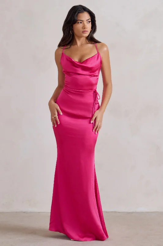 Ruffled Women Dress with Multiple Layers for a Playful and Girly StyleLifetime | Fuchsia Pink Satin Cowl Neck Maxi Dress With Cross Back Detail