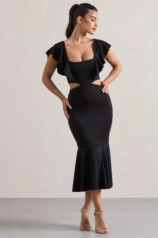 Wrap - Style Women Dress with Adjustable Fit for All Body TypesMacey | Black Square-Neck Cut-Out Ruffled Midi Dress