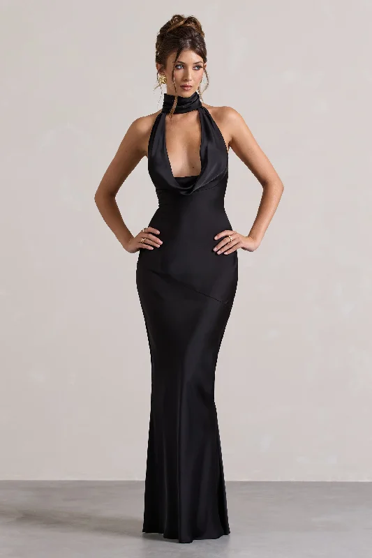 Little Black Women Dress with Sequins for a Glamorous Night OutMatea | Black Satin Cowl-Neck Maxi Dress