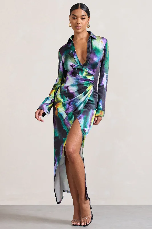 Shift Women Dress with a Simple and Classic Design for Everyday WearOasis | Watercolour Print Satin Long-Sleeved Maxi Shirt Dress