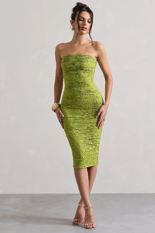 Sleeveless Women Dress in Bright Colors for Summer PartiesPalau | Olive Green Crochet Bandeau Midi Dress