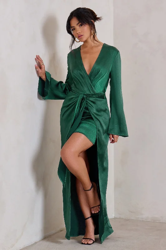 Patricia | Green Extreme Plunge Long Sleeve Maxi Dress With Tie Detail