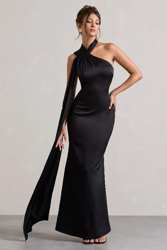 Mini Women Dress with a Short Hem for a Young and Trendy StyleSancia | Black Satin Asymmetric Maxi Dress With Sash