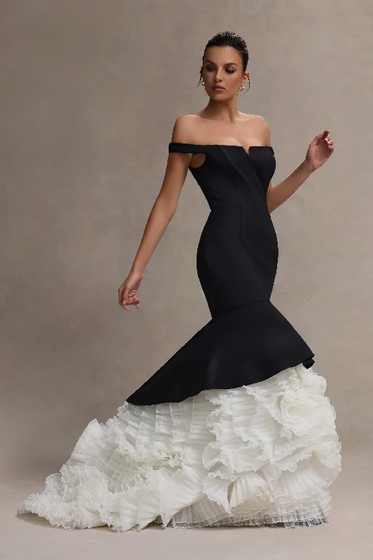 Strapless Women Dress with a Built - in Bra for Comfort and SupportThe Greatest | Black & Cream Bardot Maxi Dress With Tulle Skirt