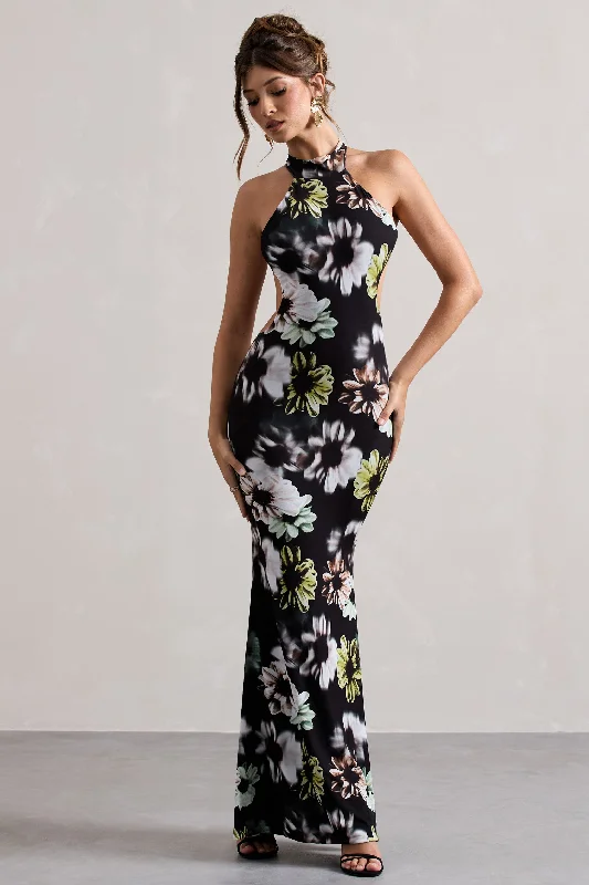 Mermaid - Style Women Dress with a Fitted Silhouette for Special OccasionsTuscany | Black Floral Print Halter-Neck Split Maxi Dress