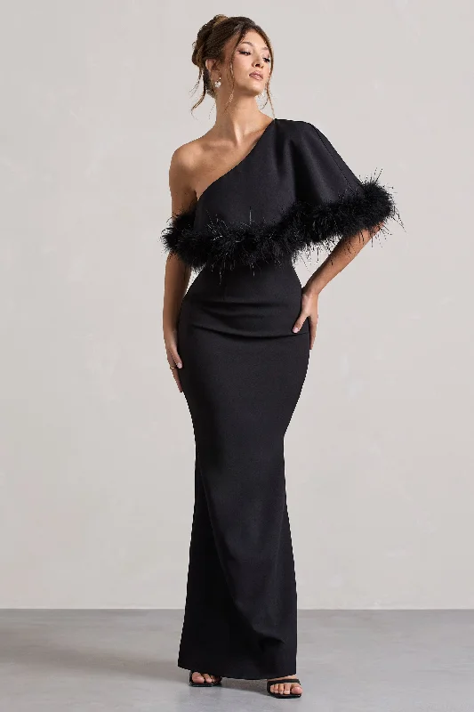 Empire Waist Women Dress to Accentuate the Bust and Conceal the WaistValor | Black Asymmetric Maxi Dress With Feather Trim