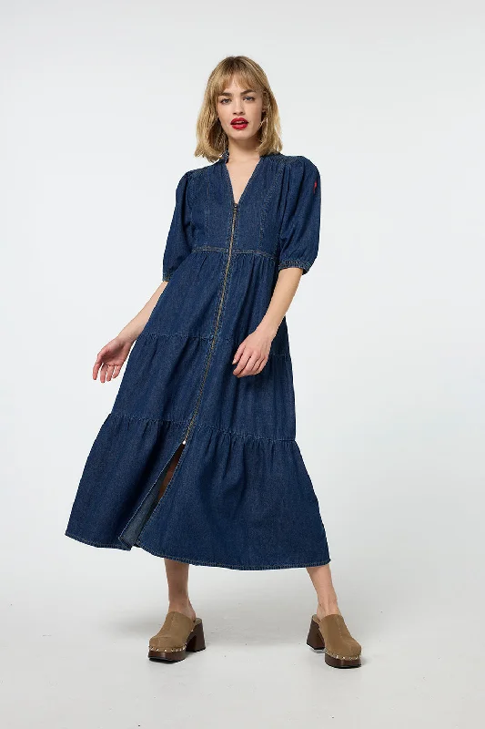 Backless Women Dress for a Sexy and Alluring Look at Evening EventsAuthentic Indigo Zip Detail Tiered Midi Denim Dress