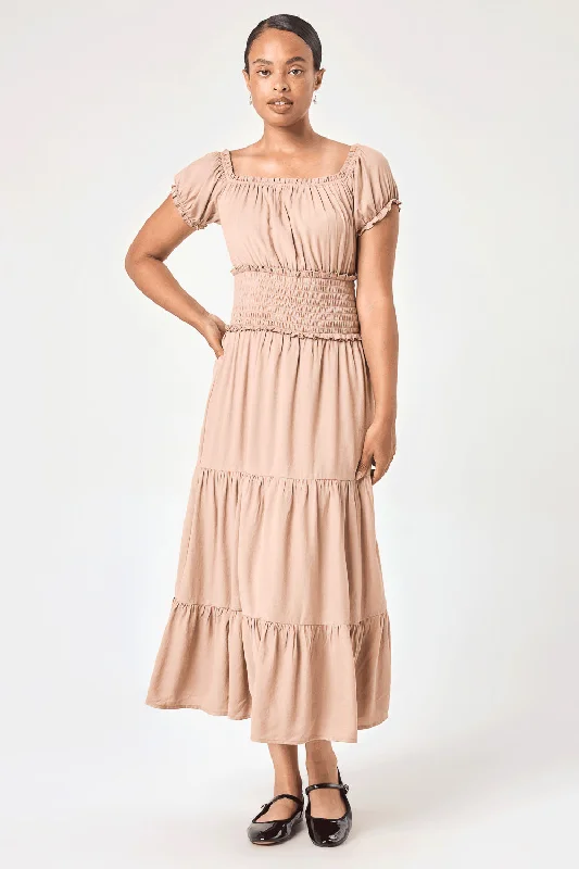 Strapless Women Dress with a Built - in Bra for Comfort and SupportAlmond Smocked Midi Dress