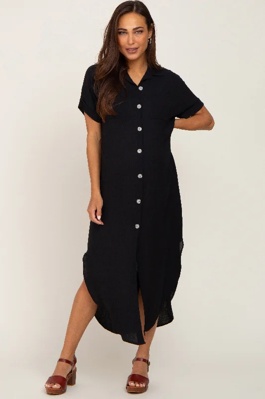 Shift Women Dress with a Simple and Classic Design for Everyday WearBlack Button Down Hi Low Maternity Maxi Dress