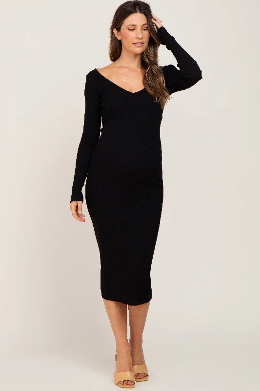 Off - the - Shoulder Women Dress for a Romantic and Feminine LookBlack Knit Ribbed Maternity Midi Dress