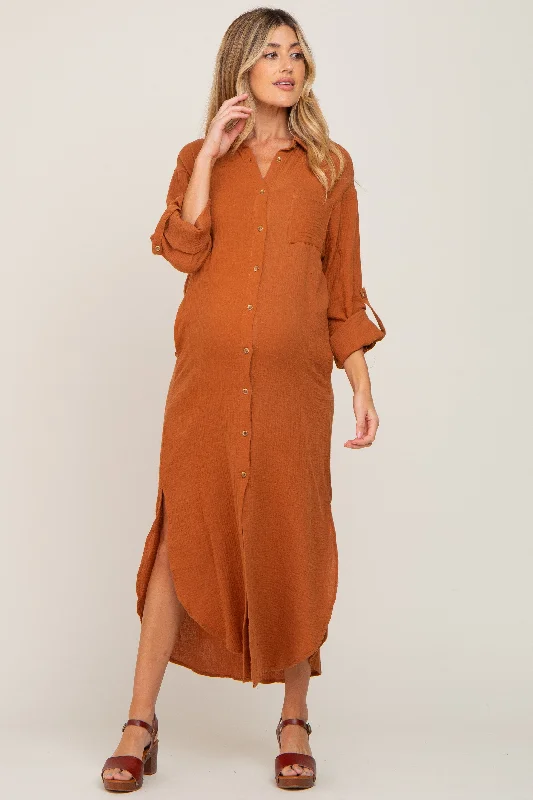 Sheath Women Dress with a Tailored Fit for a Professional LookCamel Button Down 3/4 Sleeve Maternity Midi Dress