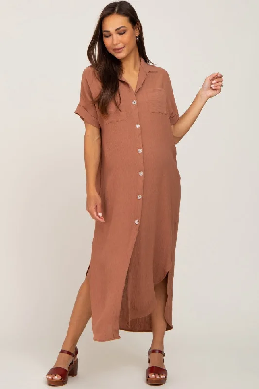 Strapless Women Dress with a Built - in Bra for Comfort and SupportCamel Button Down Hi Low Maternity Maxi Dress