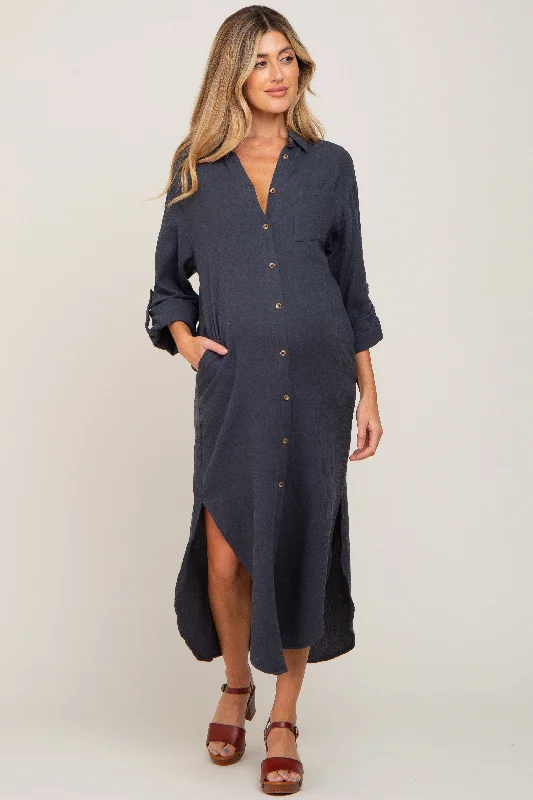 Empire Waist Women Dress to Accentuate the Bust and Conceal the WaistCharcoal Button Down 3/4 Sleeve Maternity Midi Dress