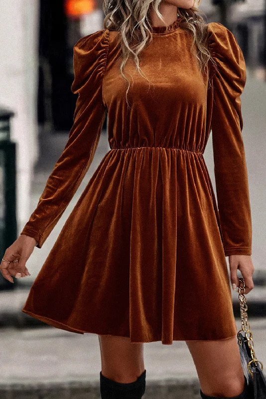 Pleated Women Dress with a Timeless and Elegant TextureVelvet Ruched Puff Sleeve Dress