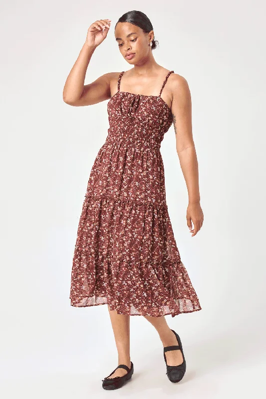 Lace - Embellished Women Dress for an Elegant and Sophisticated AppearanceBrown Floral Cinched Waist Tier Dress