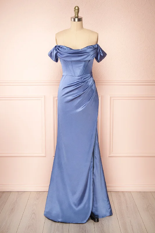 Ruffled Women Dress with Multiple Layers for a Playful and Girly StyleEvolet Blue Grey | Off-Shoulder Corset Maxi Dress