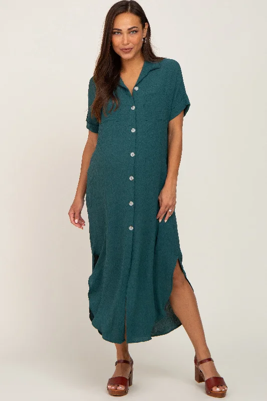 Mermaid - Style Women Dress with a Fitted Silhouette for Special OccasionsForest Green Button Down Hi Low Maternity Maxi Dress