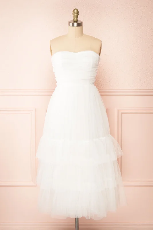 Off - the - Shoulder Women Dress for a Romantic and Feminine LookIfaty White | Strapless Tulle Midi Dress