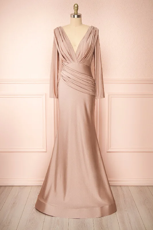 Backless Women Dress for a Sexy and Alluring Look at Evening EventsLenai Taupe | Draped Mermaid Gown w/ Long Sleeves