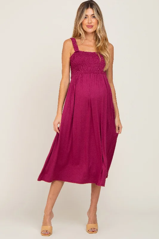 Empire Waist Women Dress to Accentuate the Bust and Conceal the WaistMagenta Smocked Ruffle Strap Maternity Midi Dress