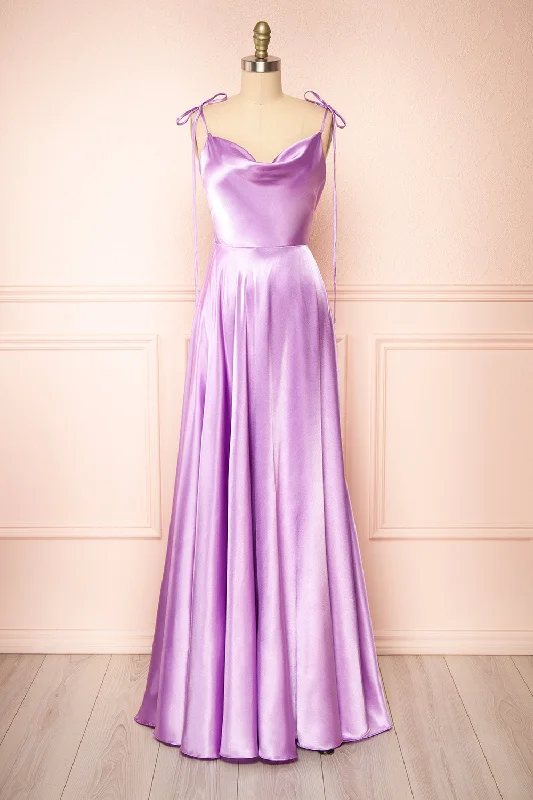 Ruffled Women Dress with Multiple Layers for a Playful and Girly StyleMoira Lavender | Cowl Neck Satin Maxi Dress w/ High Slit