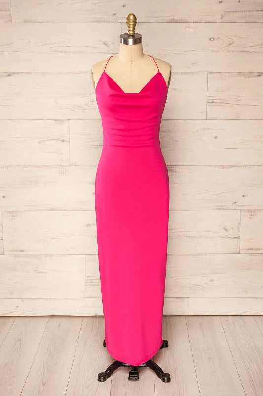 Shift Women Dress with a Simple and Classic Design for Everyday WearOcala Fuchsia | Fitted Open-Back Maxi Dress