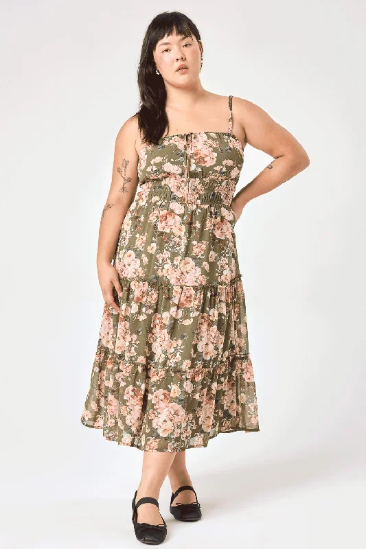 Empire Waist Women Dress to Accentuate the Bust and Conceal the WaistOlive Floral Cinched Waist Tier Midi Dress