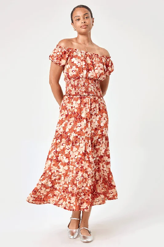 Sheath Women Dress with a Tailored Fit for a Professional LookOrange Rust Floral Off Shoulder Midi Dress