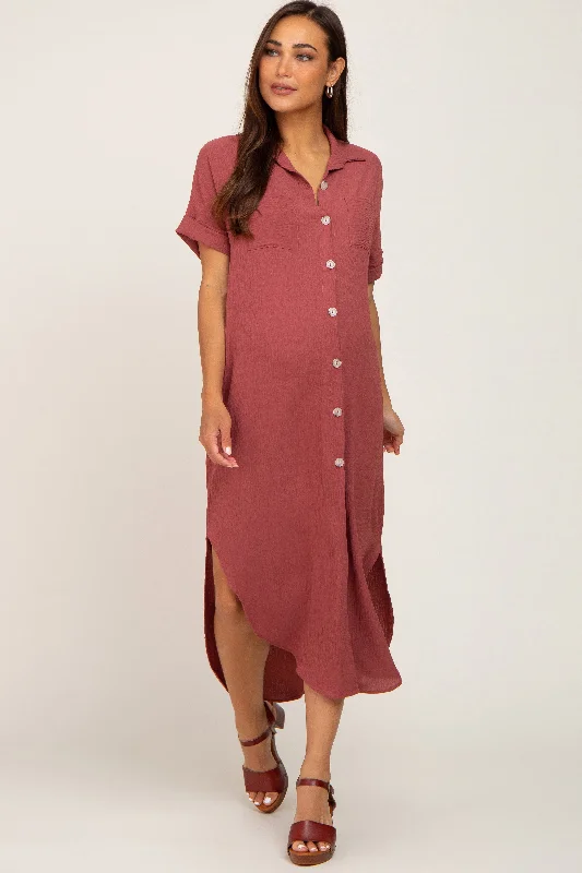 Lace - Embellished Women Dress for an Elegant and Sophisticated AppearanceRust Button Down Hi Low Maternity Maxi Dress