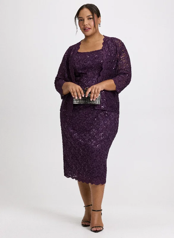 Plus Size Women Dress with a Flattering A - Line Cut for Comfort and StyleScalloped Hem Jacket & Lace Sequin Dress Set