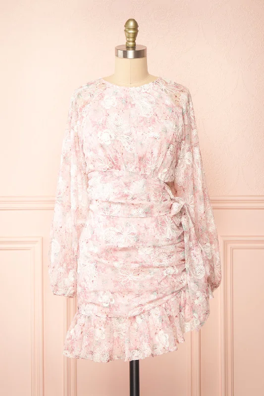 Ruffled Women Dress with Multiple Layers for a Playful and Girly StyleShaune | Short Pink Floral Dress w/ Long Sleeves