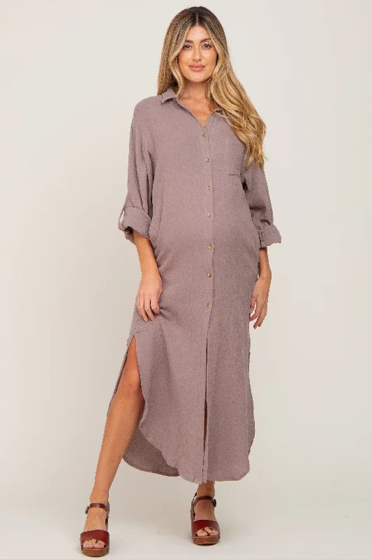 Ruffled Women Dress with Multiple Layers for a Playful and Girly StyleTaupe Button Down 3/4 Sleeve Maternity Midi Dress