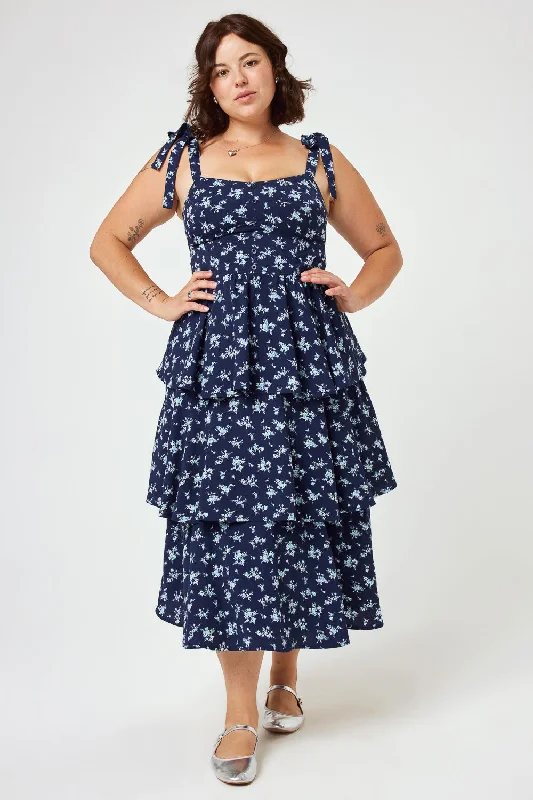 Sheath Women Dress with a Tailored Fit for a Professional LookNavy Floral Tie Shoulder Tiered Midi Dress