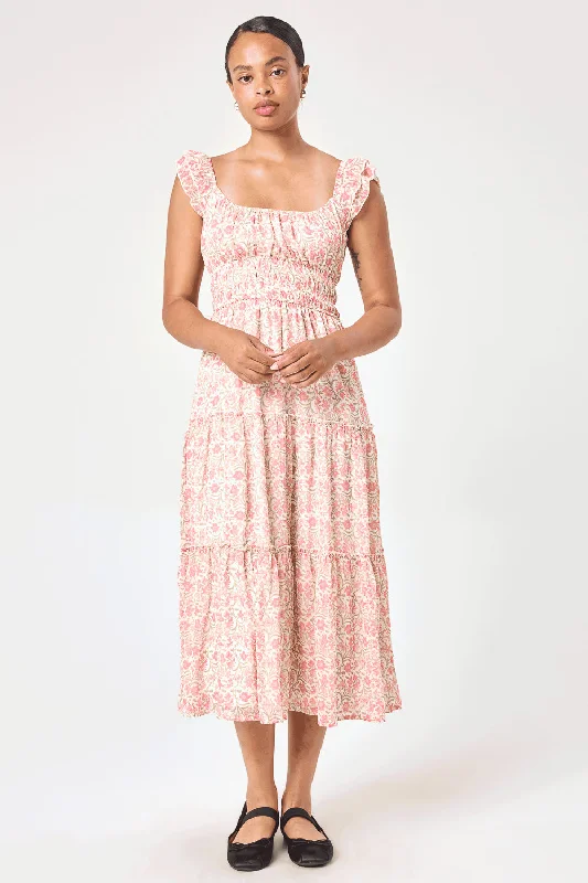 Pleated Women Dress with a Timeless and Elegant TextureWhite Pink Floral Flutter Sleeve Midi Dress