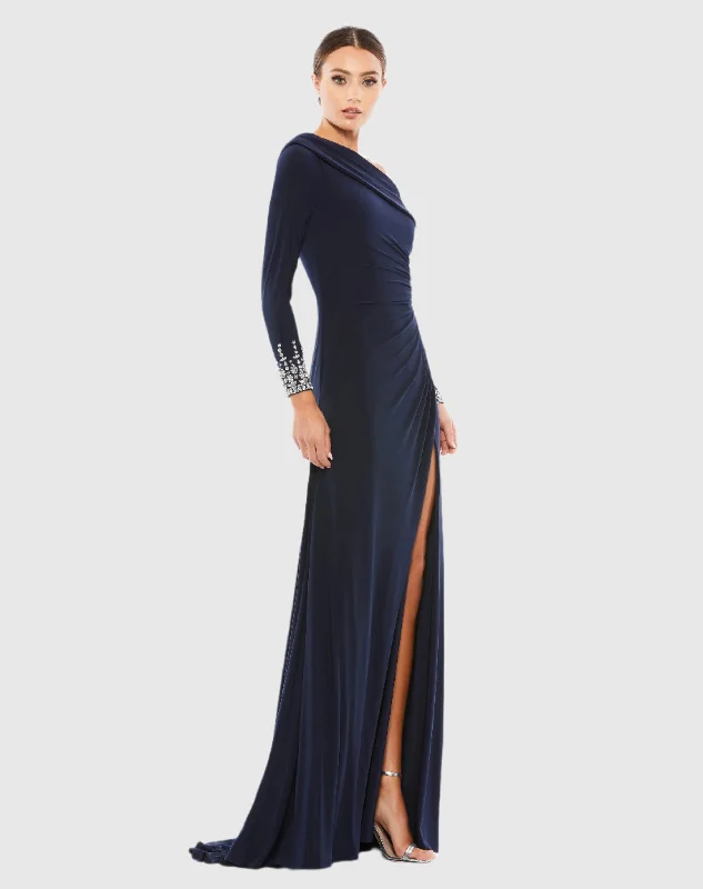 Strapless Women Dress with a Built - in Bra for Comfort and SupportNavy Beaded Cuff Drop Shoulder Faux Wrap Gown