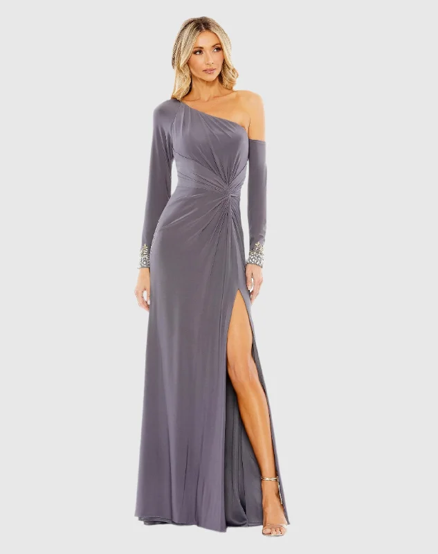 Off - the - Shoulder Women Dress for a Romantic and Feminine LookSide Twist Drop Shoulder Beaded Cuff Gown