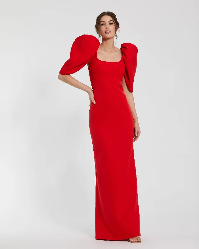 Ball Gown Women Dress with a Full Skirt for a Princess - like LookFitted Crepe Scoop Neck Gown With Puff Sleeves