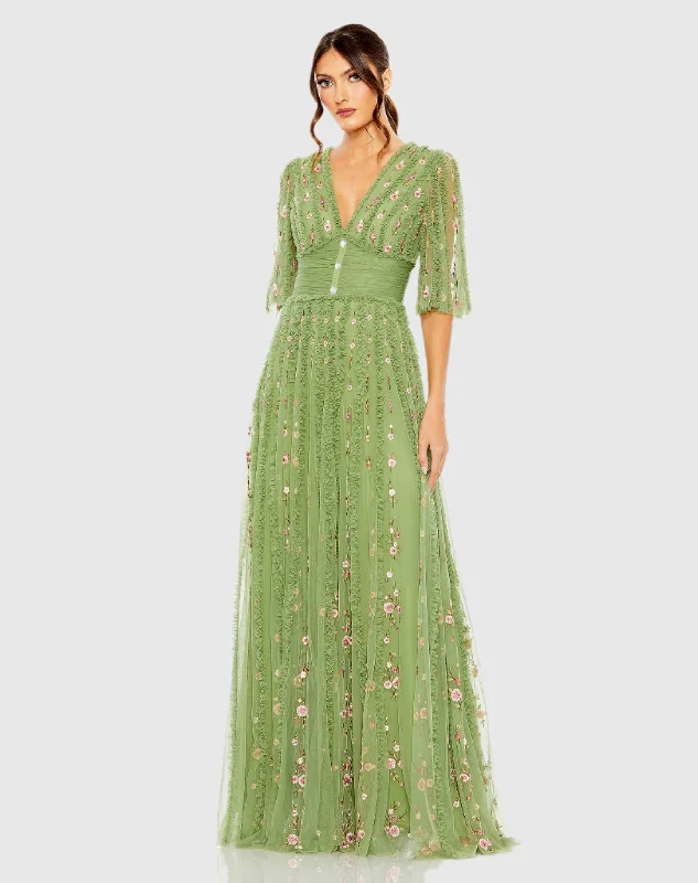 Strapless Women Dress with a Built - in Bra for Comfort and SupportGreen Floral V-Neck Ruffle Detail Empire Waist Gown