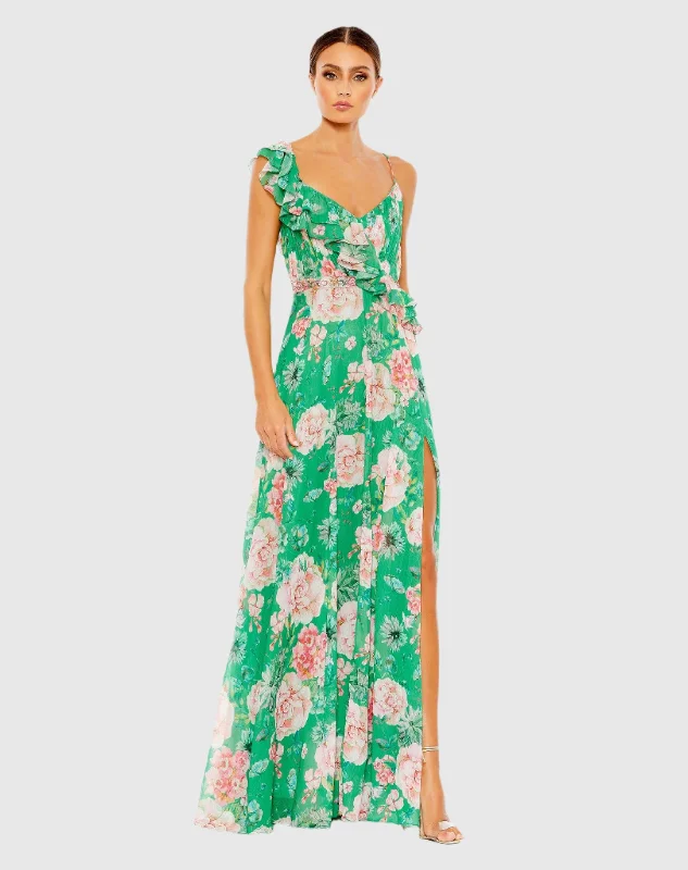 Wrap - Style Women Dress with Adjustable Fit for All Body TypesFloral Print Ruffled Wrap Over A Line Gown