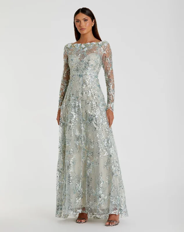 Maxi Women Dress with Floral Print for a Bohemian VibeFloral Embroidered Illusion Long Sleeve Gown