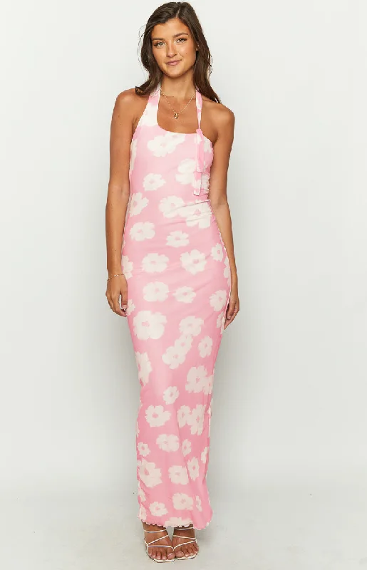 Sheath Women Dress with a Tailored Fit for a Professional LookAimee Pink Floral Maxi Halter Dress