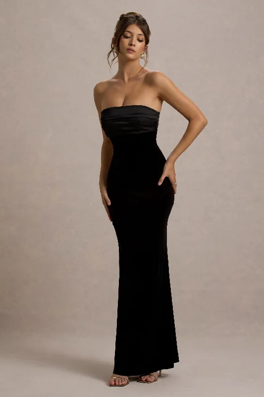 Pleated Women Dress with a Timeless and Elegant TextureAmbrosi | Black Velvet Bandeau Maxi Dress