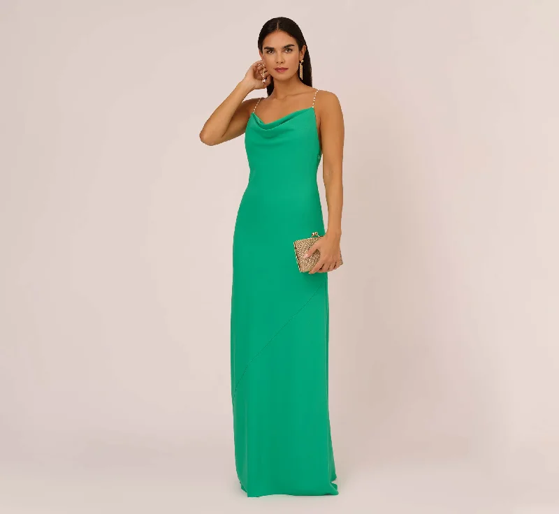 Mini Women Dress with a Short Hem for a Young and Trendy StyleCowl Neck Crepe Column Gown With Pearl Straps In Summer Green