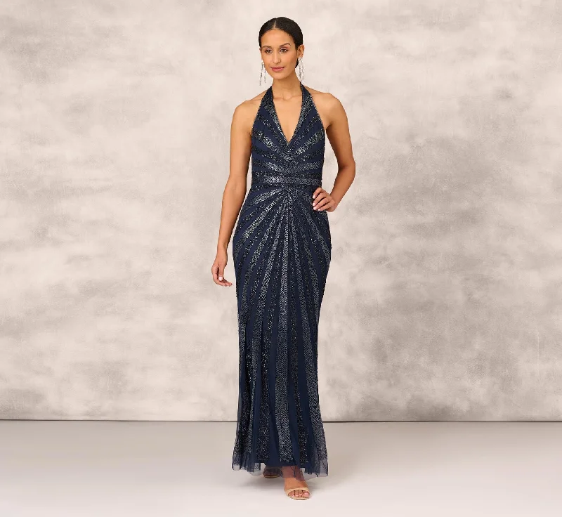 Little Black Women Dress with Sequins for a Glamorous Night OutDazzling Beaded Halter Gown With Deep V-Neckline In Navy