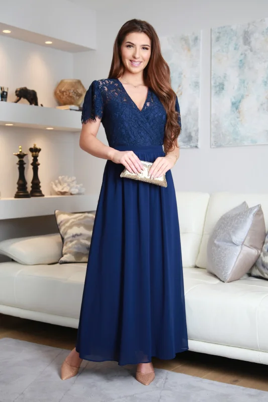 Empire Waist Women Dress to Accentuate the Bust and Conceal the WaistDouble Second Navy Lace Wrap Front Maxi Dress