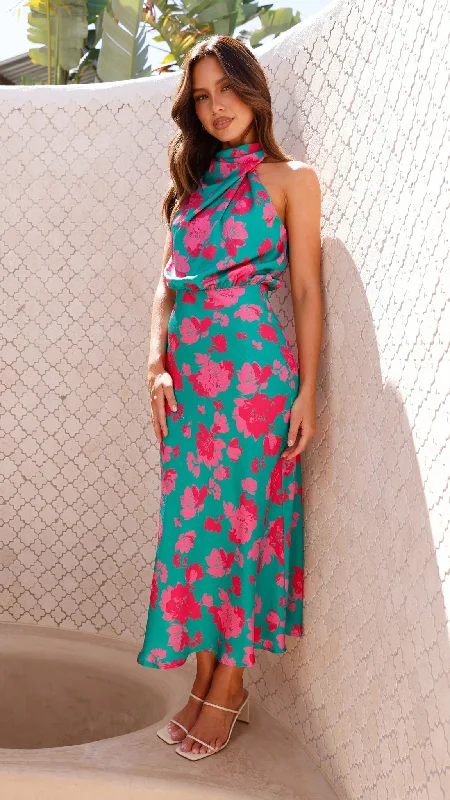 Sleeveless Women Dress in Bright Colors for Summer PartiesEsther Maxi Dress - Green / Pink Floral